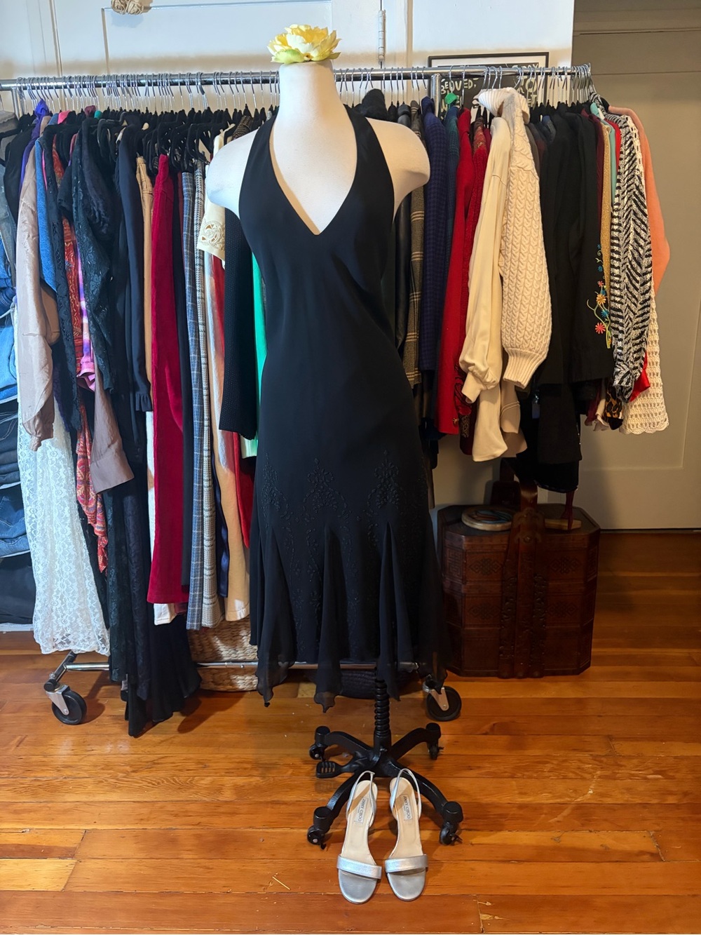 TG 90s S.L. Fashions Black Halter Dress Pleated Godet Hem Midi